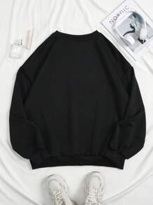 SHEIN EZwear 街头风格字母与肖像印花超大女士圆领落肩运动衫 - 黑色 - 查看 2