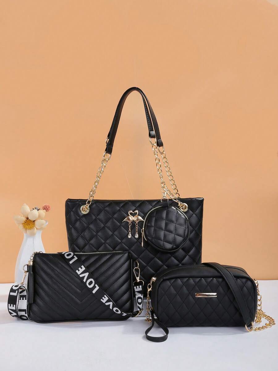 时尚黑色绗缝包套装！包括手提包、带链带的斜挎包，适合各种场合！ - 黑色 - 查看 1