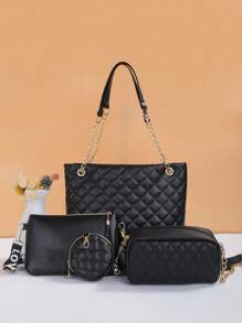 时尚黑色绗缝包套装！包括手提包、带链带的斜挎包，适合各种场合！ - 黑色 - 查看 2