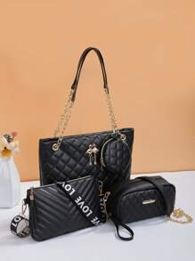 时尚黑色绗缝包套装！包括手提包、带链带的斜挎包，适合各种场合！ - 黑色 - 查看 3