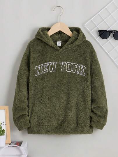 SHEIN Tween Boy Letter Embroidery Drop Shoulder Teddy Hoodie,In Fall/Winter
