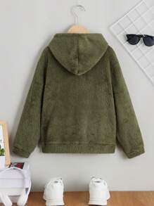 SHEIN 男大童字母刺繡落肩袖毛絨帽衫 - 軍綠色 - 查看 2