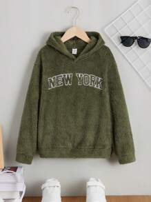 SHEIN 男大童字母刺繡落肩袖毛絨帽衫 - 軍綠色 - 查看 3