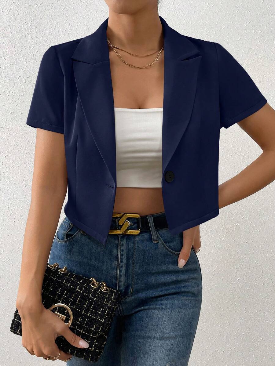 SHEIN Privé Cổ áo Nút đơn Crop Blazer - Màu xanh hải quân - Xem 1