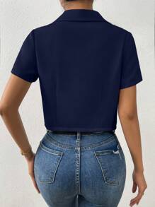 SHEIN Privé Cổ áo Nút đơn Crop Blazer - Màu xanh hải quân - Xem 2