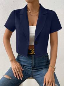 SHEIN Privé Cổ áo Nút đơn Crop Blazer - Màu xanh hải quân - Xem 3