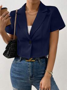 SHEIN Privé Cổ áo Nút đơn Crop Blazer - Màu xanh hải quân - Xem 4