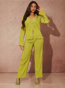 SHEIN BAE Bộ đồ hai mảnh nữ Xù nhỏ Nút phía trước màu trơn Giải trí - Màu xanh chanh - Xem 5