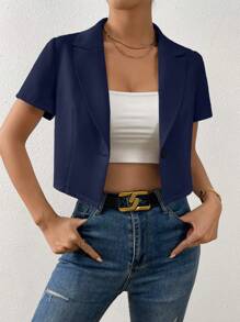 SHEIN Privé Cổ áo Nút đơn Crop Blazer - Màu xanh hải quân - Xem 6