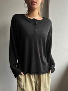 DAZY Áo thun trễ vai cài nửa nút, Áo dài tay thời trang mùa thu - màu đen - Xem 4