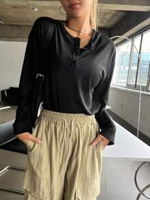 DAZY Áo thun trễ vai cài nửa nút, Áo dài tay thời trang mùa thu - màu đen - Xem 5