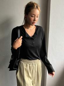DAZY Áo thun trễ vai cài nửa nút, Áo dài tay thời trang mùa thu - màu đen - Xem 6