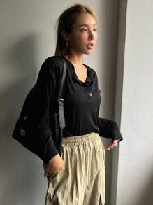 DAZY Áo thun trễ vai cài nửa nút, Áo dài tay thời trang mùa thu - màu đen - Xem 7