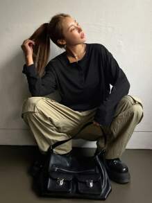 DAZY Áo thun trễ vai cài nửa nút, Áo dài tay thời trang mùa thu - màu đen - Xem 8