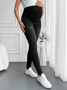 RueChic Maternity Wideband Waist Ripped Frayed Skinny Jeans - Black - View 1