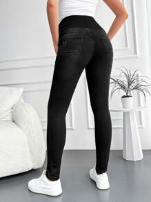 RueChic Maternity Wideband Waist Ripped Frayed Skinny Jeans - Black - View 2