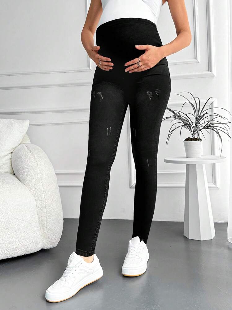 RueChic 孕妇宽腰破洞紧身牛仔裤 - 黑色 - 查看 5