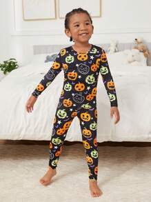 SHEIN Young Boy Halloween Pumpkin Print Snug Fit PJ Set - Multicolor - View 6