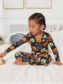 SHEIN Young Boy Halloween Pumpkin Print Snug Fit PJ Set - Multicolor - View 7