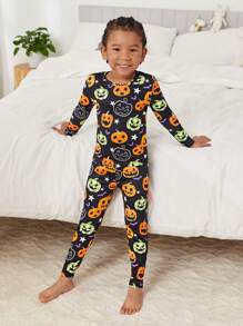 SHEIN Young Boy Halloween Pumpkin Print Snug Fit PJ Set - Multicolor - View 8