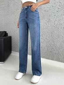 EURMUSE High Waist Straight Leg Jeans - Medium Wash - View 3