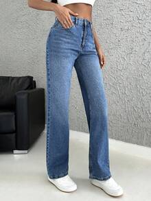 EURMUSE High Waist Straight Leg Jeans - Medium Wash - View 5