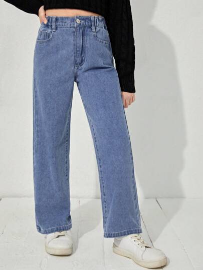 SHEIN Tween Girl Casual Boho Daily Elastic Waist Straight Jeans With Flat Pockets, Daily, School, Campus, College