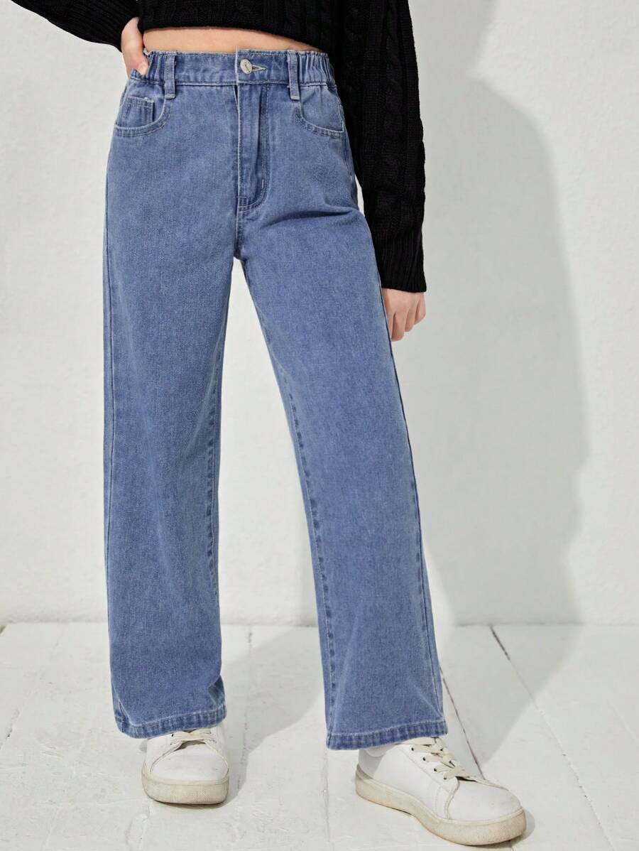 SHEIN 少女休闲波西米亚风日常直筒牛仔裤,弹性腰带,带平口袋,适合日常、学校、校园、大学穿着。 - 中等水洗藍 - 查看 1