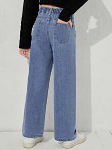 SHEIN 少女休闲波西米亚风日常直筒牛仔裤，弹性腰带，带平口袋，适合日常、学校、校园、大学穿着。 - 中等水洗藍 - 查看 2