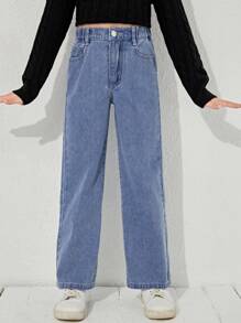 SHEIN 少女休闲波西米亚风日常直筒牛仔裤，弹性腰带，带平口袋，适合日常、学校、校园、大学穿着。 - 中等水洗藍 - 查看 3