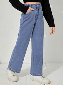 SHEIN 少女休闲波西米亚风日常直筒牛仔裤，弹性腰带，带平口袋，适合日常、学校、校园、大学穿着。 - 中等水洗藍 - 查看 5