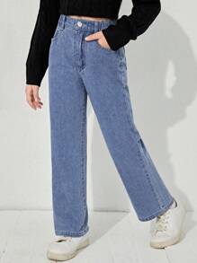 SHEIN 少女休闲波西米亚风日常直筒牛仔裤，弹性腰带，带平口袋，适合日常、学校、校园、大学穿着。 - 中等水洗藍 - 查看 6