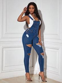 SHEIN SXY 破洞鏤空牛仔背帶褲不附帶掛脖上衣