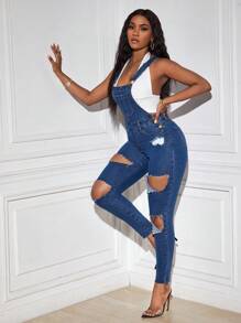 SHEIN SXY 破洞鏤空牛仔背帶褲不附帶掛脖上衣