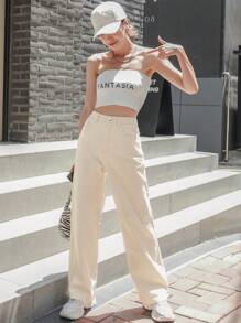 SHEIN Pantalones Anchos En Beige - Beis - Ver 5