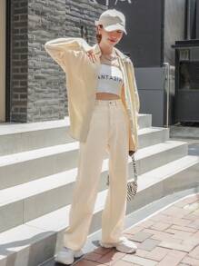 SHEIN Pantalones Anchos En Beige - Beis - Ver 6