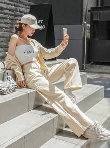 SHEIN Pantalones Anchos En Beige - Beis - Ver 7