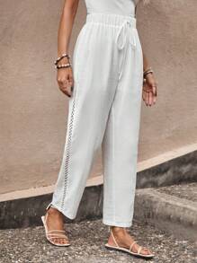 SHEIN LUNE 素色腰部抽繩蕾絲花邊長褲 - 白色 - 查看 1