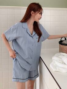 DAZY Striped Contrast Piping PJ Set - Blue - View 1