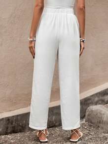 SHEIN LUNE 素色腰部抽繩蕾絲花邊長褲 - 白色 - 查看 2