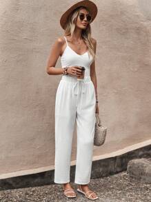 SHEIN LUNE 素色腰部抽繩蕾絲花邊長褲 - 白色 - 查看 3