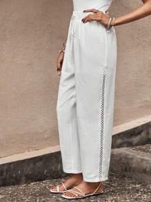 SHEIN LUNE 素色腰部抽繩蕾絲花邊長褲 - 白色 - 查看 4