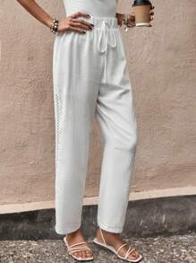 SHEIN LUNE 素色腰部抽繩蕾絲花邊長褲 - 白色 - 查看 5