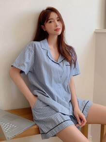 DAZY Striped Contrast Piping PJ Set - Blue - View 5