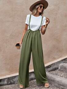 SHEIN LUNE 素色闊腿背帶連體褲不帶T恤 - 綠色 - 查看 1