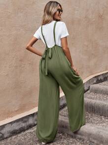 SHEIN LUNE 素色闊腿背帶連體褲不帶T恤 - 綠色 - 查看 2