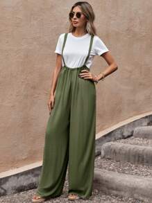 SHEIN LUNE 素色闊腿背帶連體褲不帶T恤 - 綠色 - 查看 4