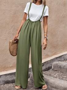 SHEIN LUNE 素色闊腿背帶連體褲不帶T恤 - 綠色 - 查看 5