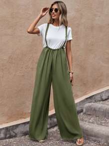 SHEIN LUNE 素色闊腿背帶連體褲不帶T恤 - 綠色 - 查看 6