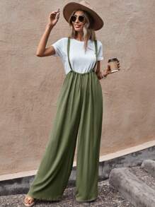 SHEIN LUNE 素色闊腿背帶連體褲不帶T恤 - 綠色 - 查看 7